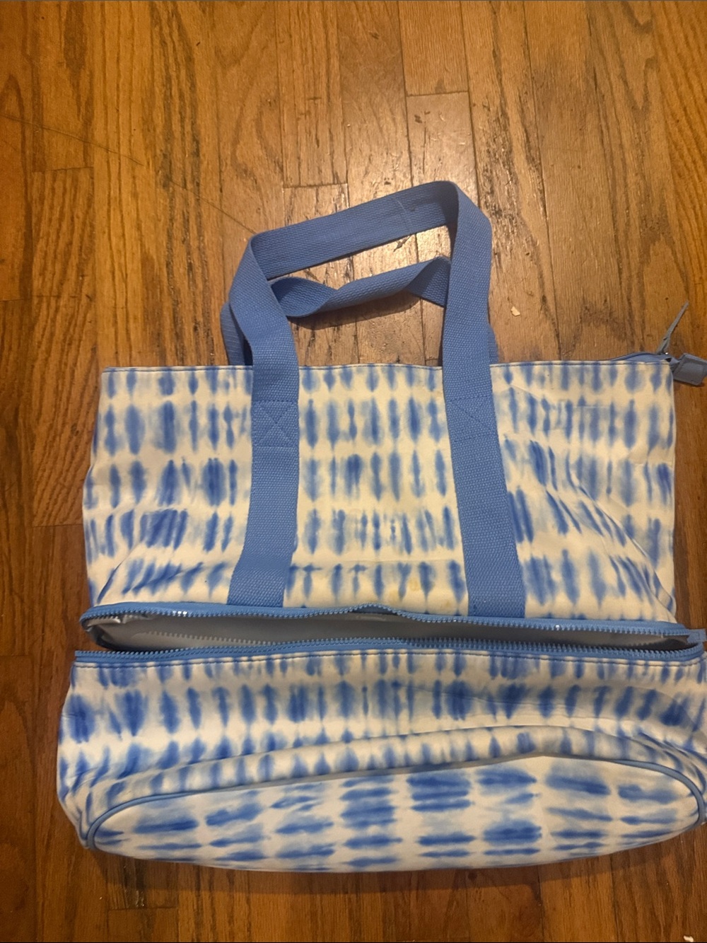 Light Blue Tie-Dye Canvas Tote with Front Zip Pocket